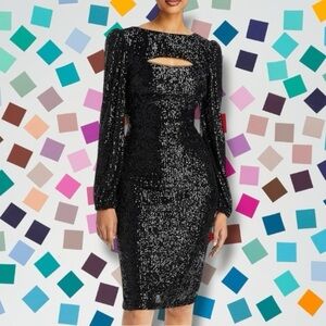NWT Aqua Black Sequin Cutout Detail Long Sleeve Cocktail Evening Dress Size 0